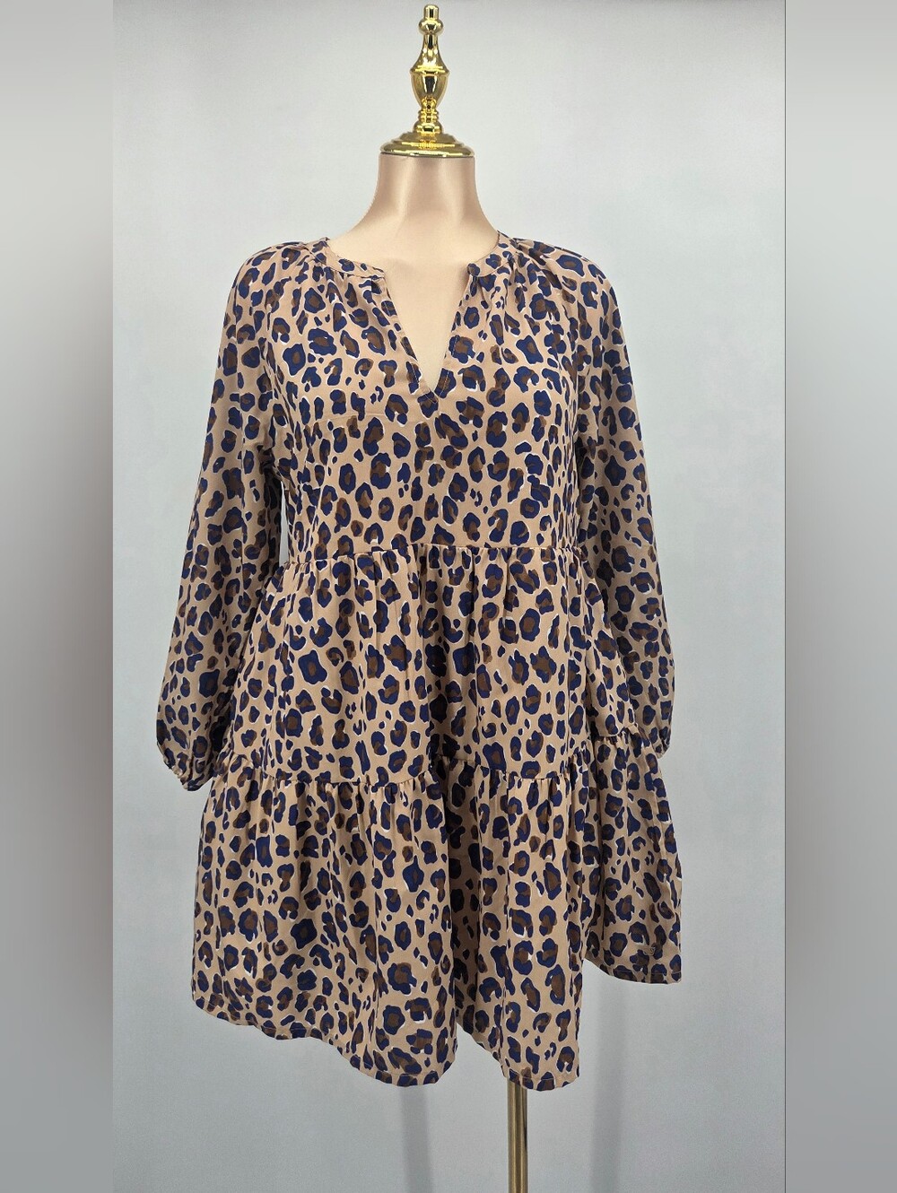 Vineyard Vines Leopard Print Tiered Mini Dress Tan Navy Brown Size M